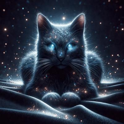 The primary subject of the image is a cat with blue eyes, sitting on a surface that appears to be a bed or a blanket. The cat is surrounded by a blue and white background, which gives the scene a calming and serene atmosphere. The visual style of the image is a combination of photo and digital art, creating a unique and eye-catching representation of the cat. The colors and mood of the image are predominantly blue and white, with the cat's blue eyes being the most striking feature.